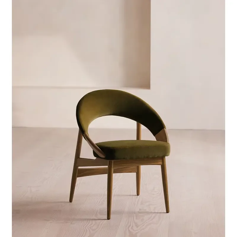 Curved Solid Wood Frame Finger Joint Craft Aged Mid Tone Finish Soft Upholstered Padded Arm Modern Dining Chair