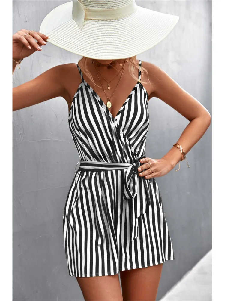 Summer Jumpsuit For Women Sexy Stripe Spaghetti Strap Jumpsuit Loose V-Neck Summer Romper Shorts Beach Playsuit Female Outfit