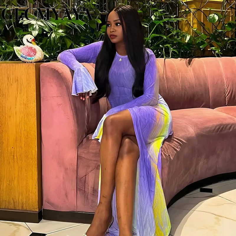 CM.YAYA المرأة التعادل صبغ مضيئة كم طويل ثنيات عالية الجانب سبليت ميدي ماكسي فستان طويل 2025 عيد ميلاد مثير نادي الحفلات حتى فساتين