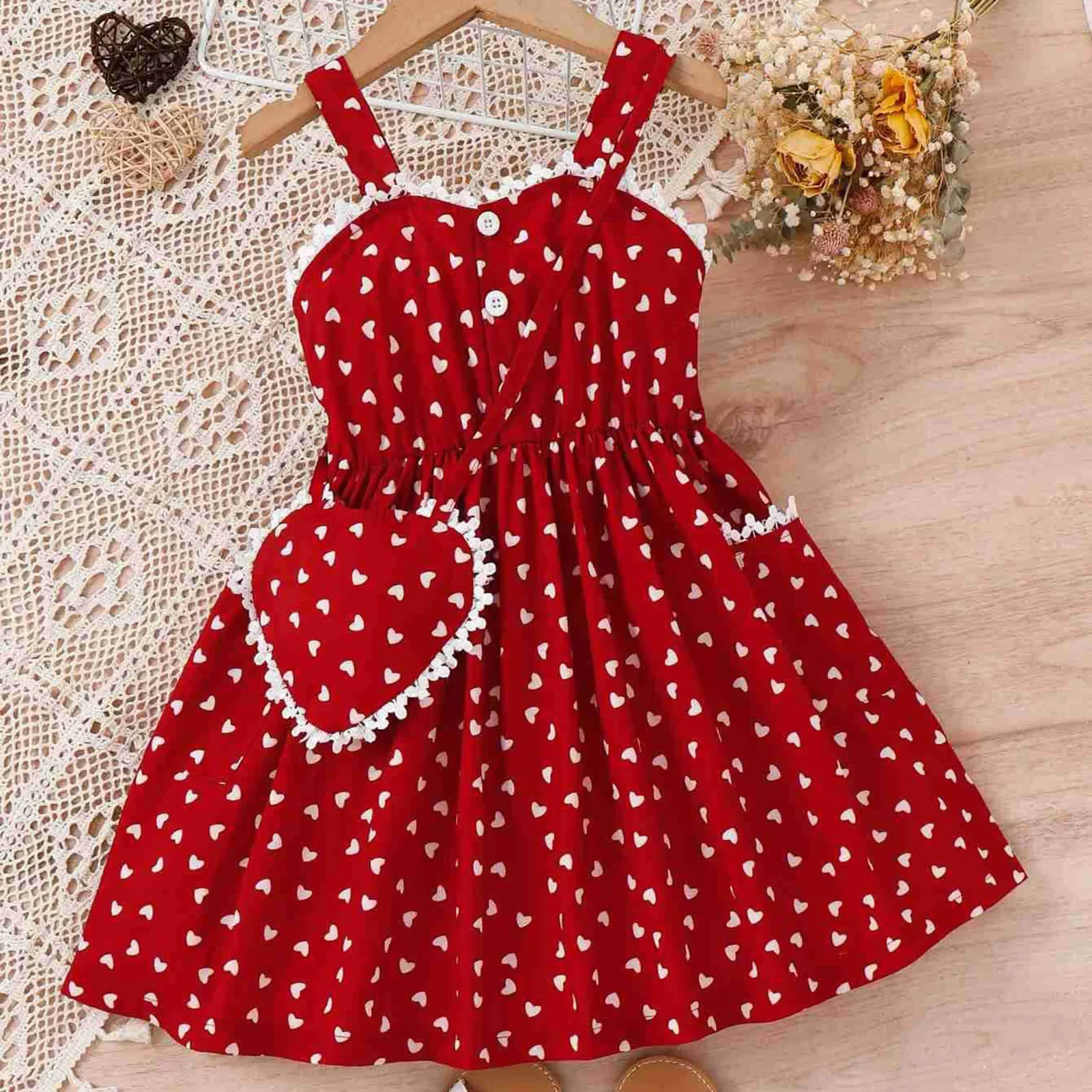 4-7Y Children Sundress For Girls Summer Clothes Spaghetti Strap Heart Printed Kids Dresses With Shoulder Bag Beach Party Dress