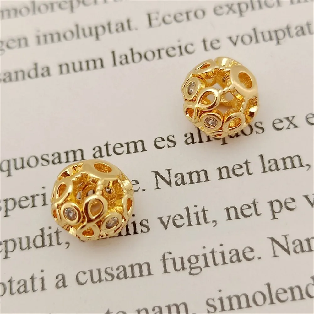 14K Gold-plated Zircon Hollow Bead DIY Bracelet Necklace with Pearl Flower Ball Pendant Accessory