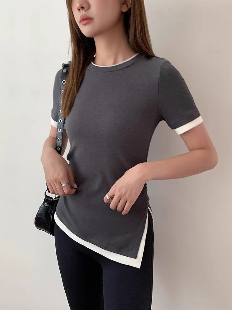 

Women’s Short-Sleeved Crew Neck T-Shirt Two-piece style Solid Versatile Straight-Shoulder Soft Breathable Skin-Friendly Top