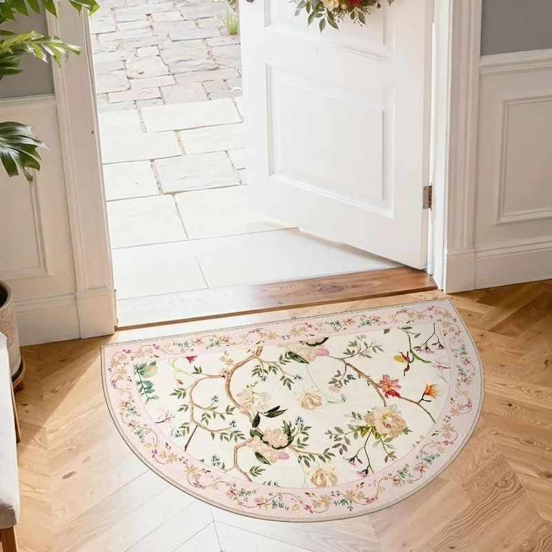 Vintage Floral Bird Half Round Doormat Pink Border Botanical Print Cottage Home Decor Non-Slip Entryway Rug for Hallway