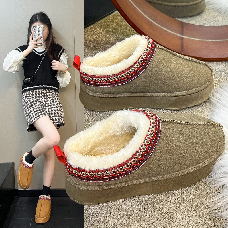 

Women Shoes Suede Flats Platform Warm Causal Slippers New Autumn Winter Snow Boots Fur Round Toe Slingback Mujer Zapatillas