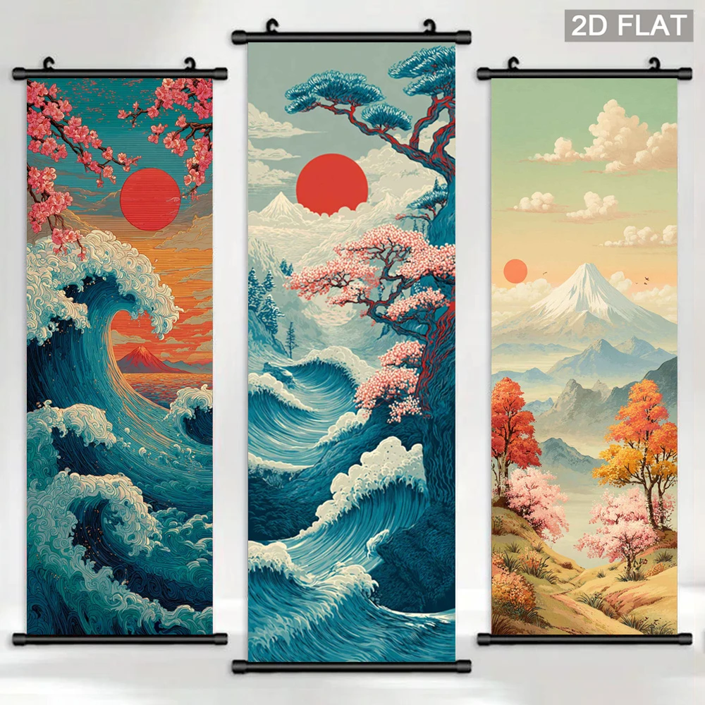 VIKAMA Japanese Ukiyo-e Wave Scroll Tapestry, Mount Fuji, Cherry Blossoms, Red Sun, and Ocean View Wall Decor, Home Wall Decor