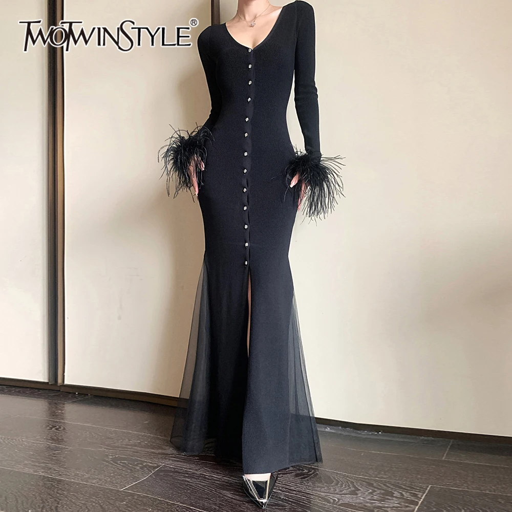 TWOTWINSTYLE Solid Patchwork Feather Slomming Long Dresses For Women O Neck Long Sleeve High Waist Tempeament Dress Female New