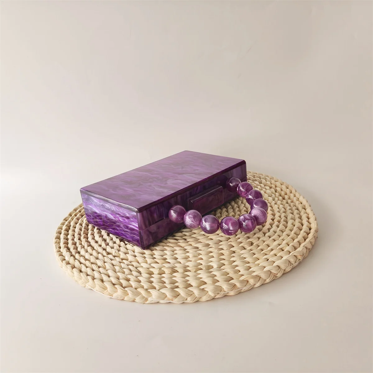 Purple Beaded Handle On Top Acrylic Box Clutches Shoulder Bag Women\'s New Female Cross Body Bags Phone Evening Mini Party Bags