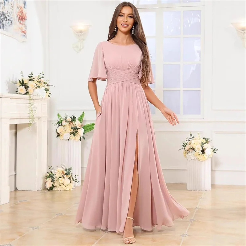 A Line Chiffon Slit Pleat O Neck Evening Bridesmaid Dresses Wedding Party Formal Prom Birthday Cocktail Floor Length Corset