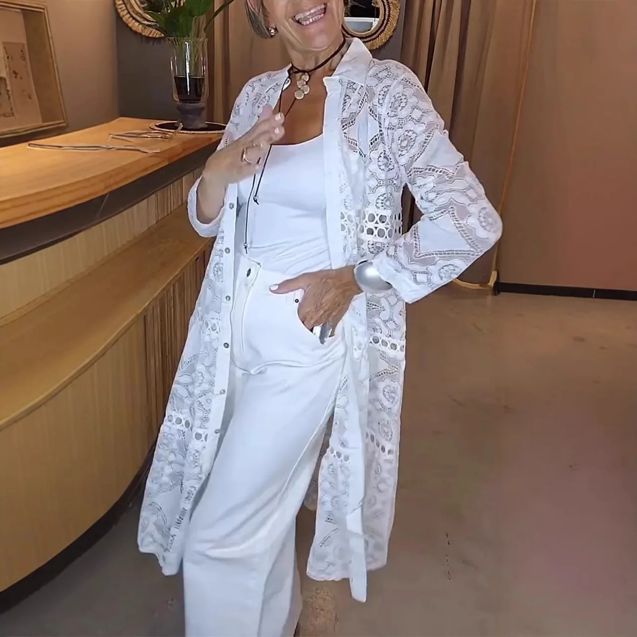 2025 new women's collar embroidered lace shirt long top, elegant temperament white top