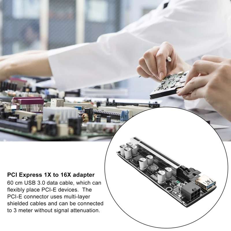 VER009S Plus PCI Express 1X à 16X Renforce PCI-E Riser Card, SATA 6Pin Power 0.6M USB 3.0 Cable for BTC LTC Mining
