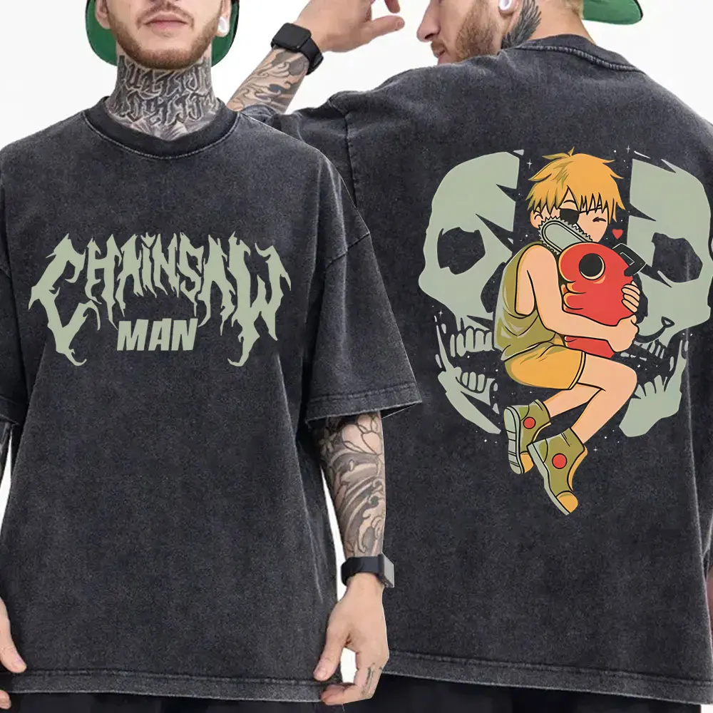 

Anime Chainsaw Man Vintage Washed T-shirt Funny Cartoon Denji Pochita Graphic T Shirts Men Women Manga Retro Oversized T-shirts