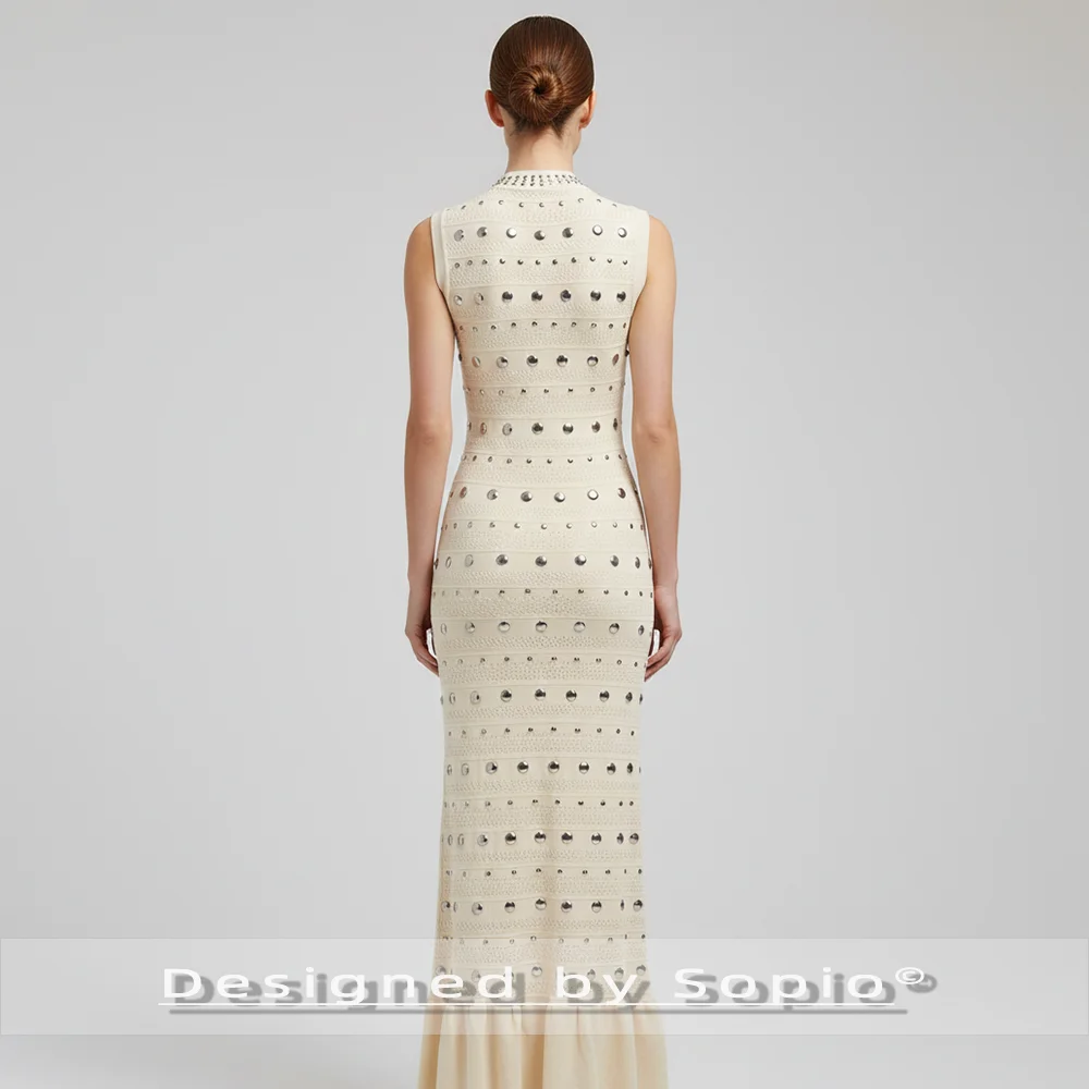 Rivet Folds Knitted Maxi Dress Women Summer Viscose Sleeveless Fashion Tank Robes Lady Elegant Evening Party Long Dress 2026