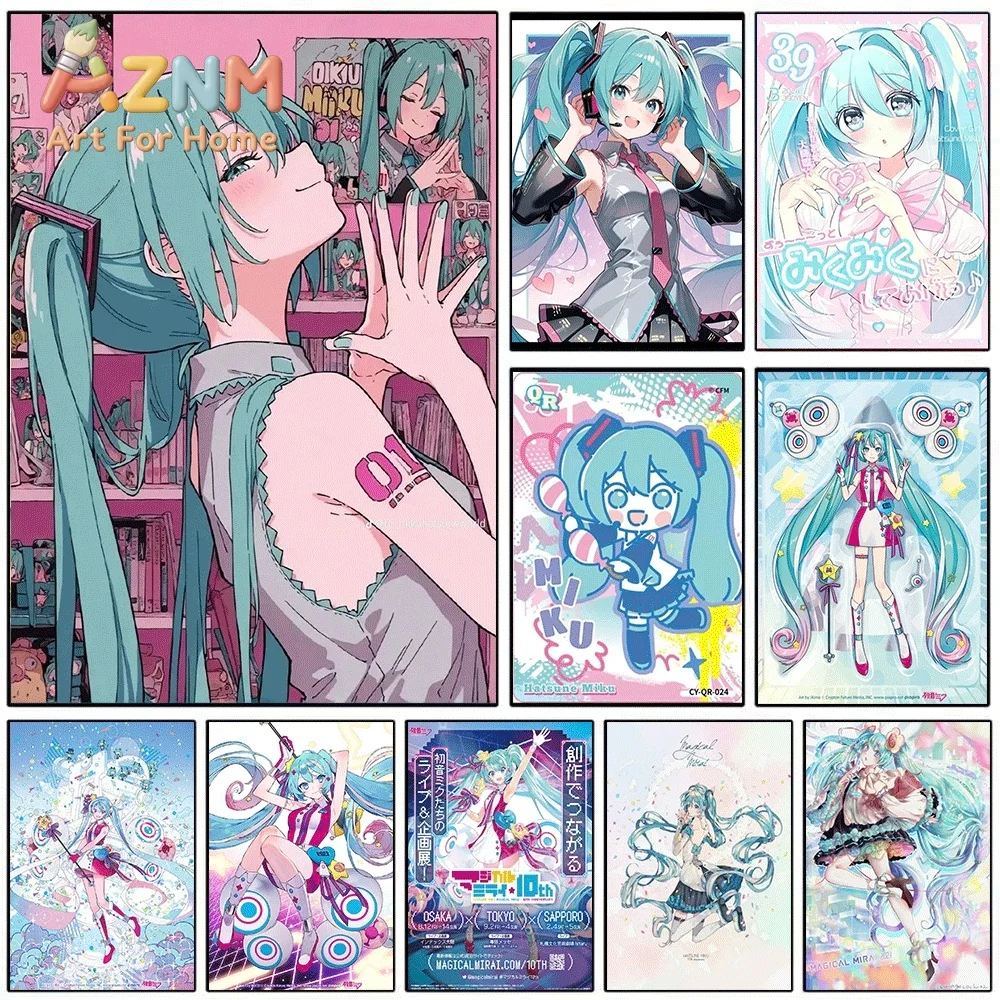 Hatsune Miku Pink Cute Anime Canvas Painting Frameless Wall Art Print Poster Home Bedroom Living Room Kawaii Style Wall Decor