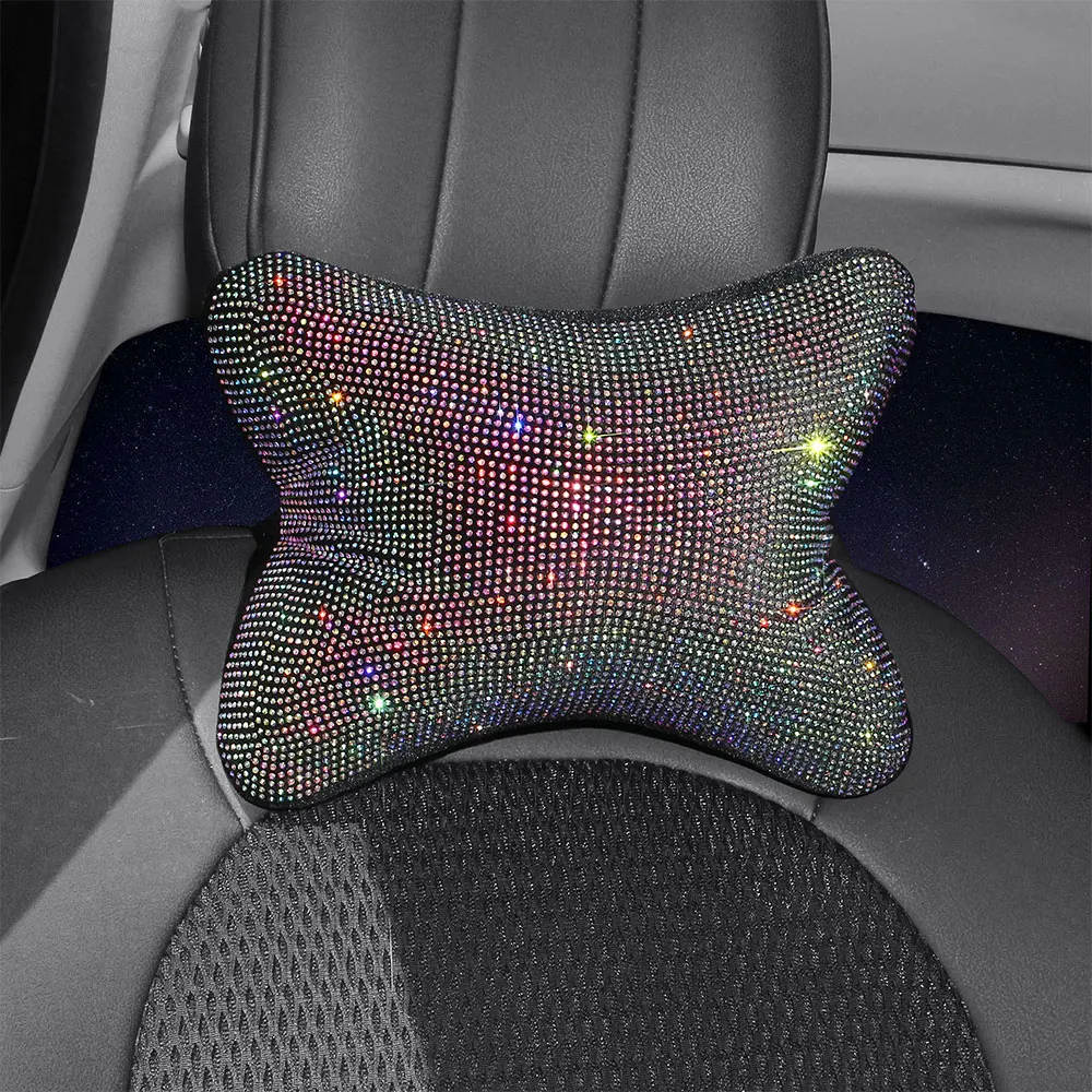 Crystal Diamond Car Neck Pillow Auto Headrest Pillow Seat Soft Pillow Rhinestone Bling Car Accessories Interior for Girls Women