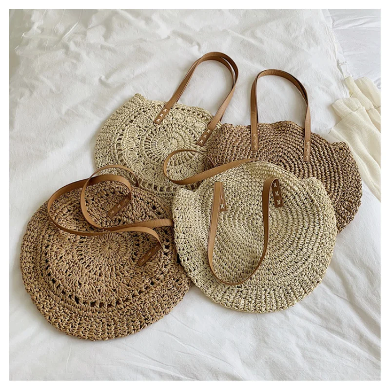 

2023 New Summer Round Straw Rattan Bag Casual Handmade Woven Beach Totes Female Large Capacity Shoulder Bags Travel Handbag