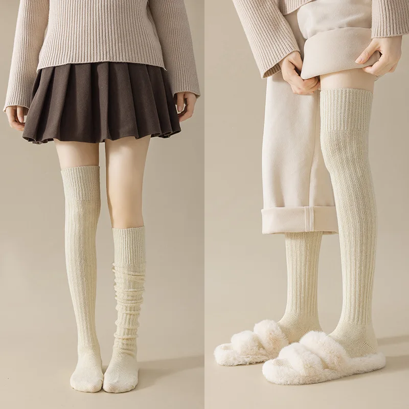 Autumn Winter Fleece Knee High Socks for Women Girls Korean Style Solid Color Soft Comfortable Warm Knit Ribbed Stockings