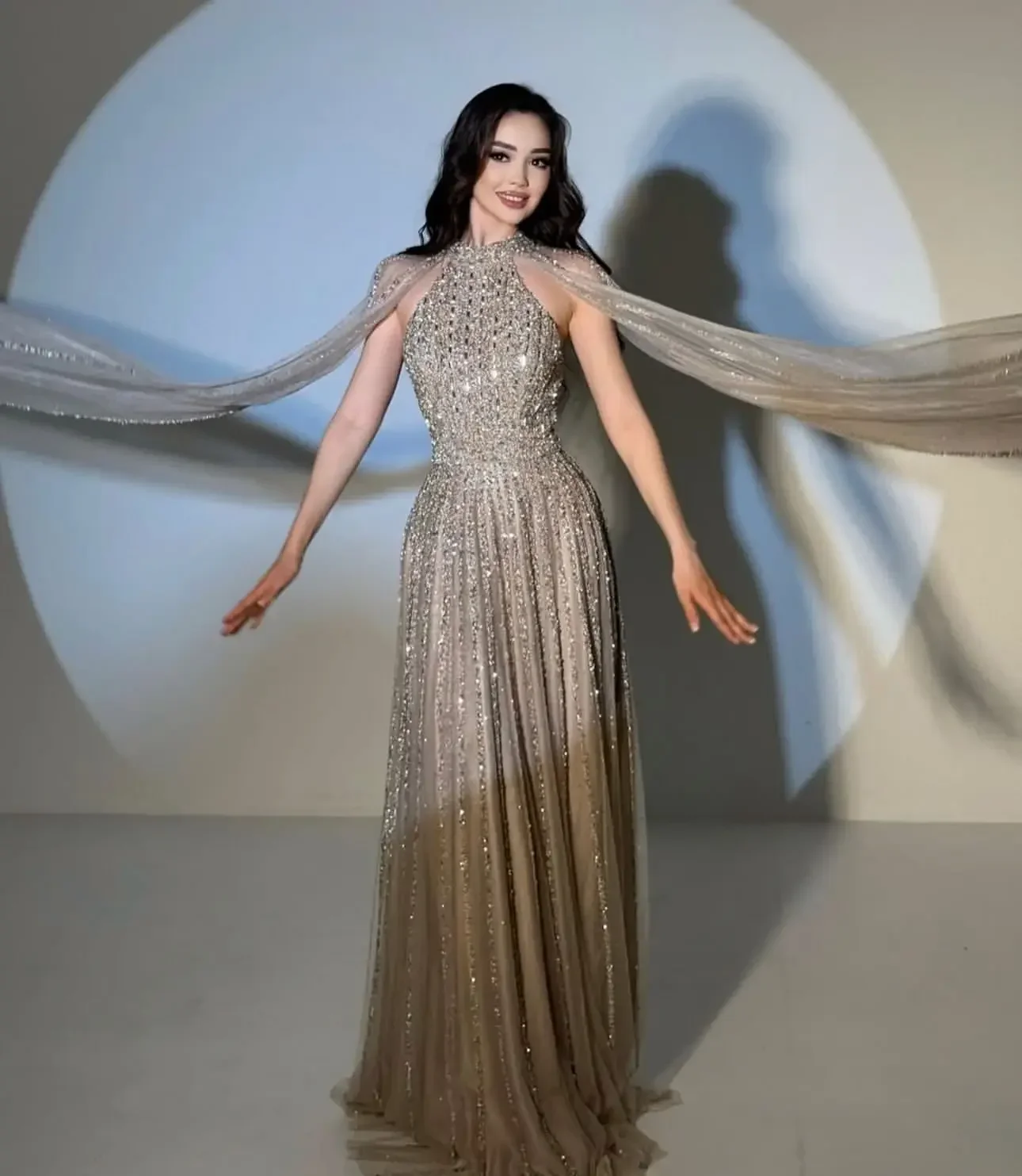 Aunber Luxury Champagne Sequin Ombré Evening Dresses High-Neck Halter Prom Dresses With Sheer Cape Party Dresses image 3