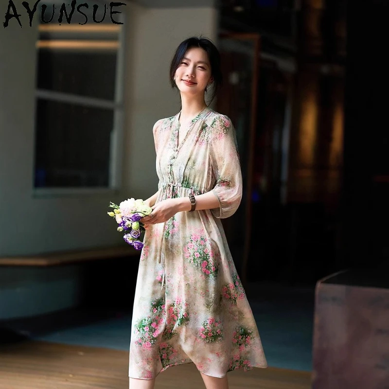 

AYUNSUE платье из натурального шелка шелковицы с v-образным вырезом, элегантное платье с цветочным принтом, летнее платье, женское платье 2025 года, Vestidos De Mujer