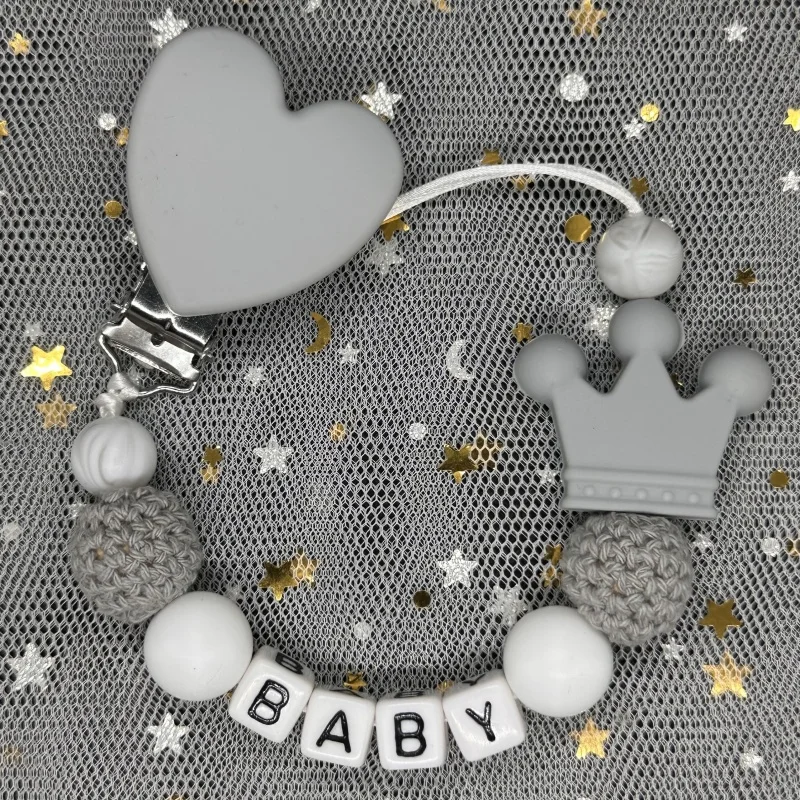 1Pcs Silicone Personalised Name Baby Pacifier Clips Custom Crochet Beads Silicone Crown Pacifier Chain Holder Baby Shower Gift