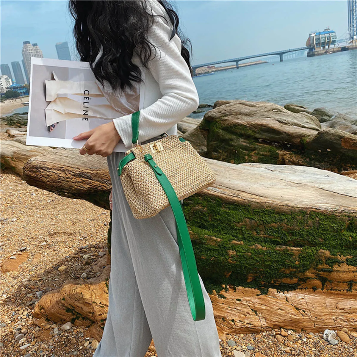 Borsa tessuta in erba retrò in stile profumato di marca di lusso piccola, nuova borsa a tracolla alla moda, borsa da spiaggia in tessuto semplice di