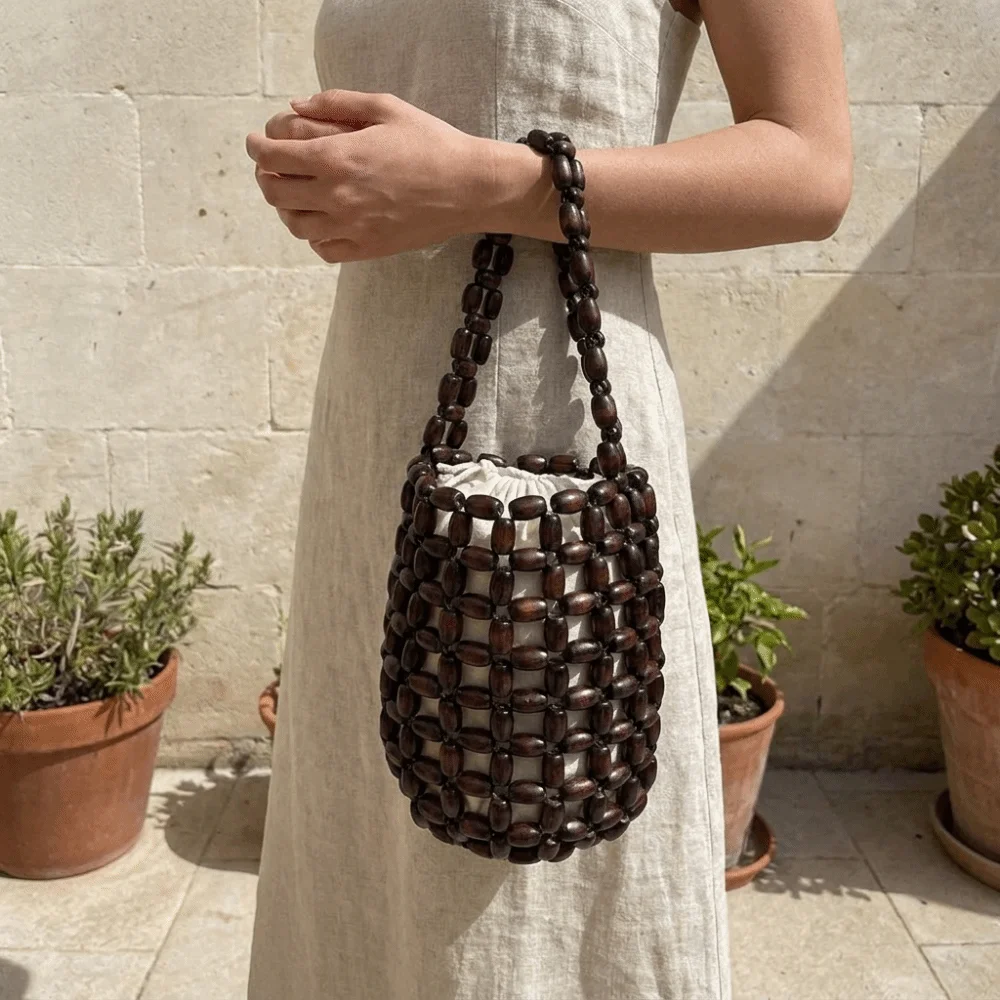 

Vintage Handmade Beaded Woven Bag Solid Color Boho Hollow Bucket Bag Wrist Bag With Inner Pocket Openwork Bag Girls