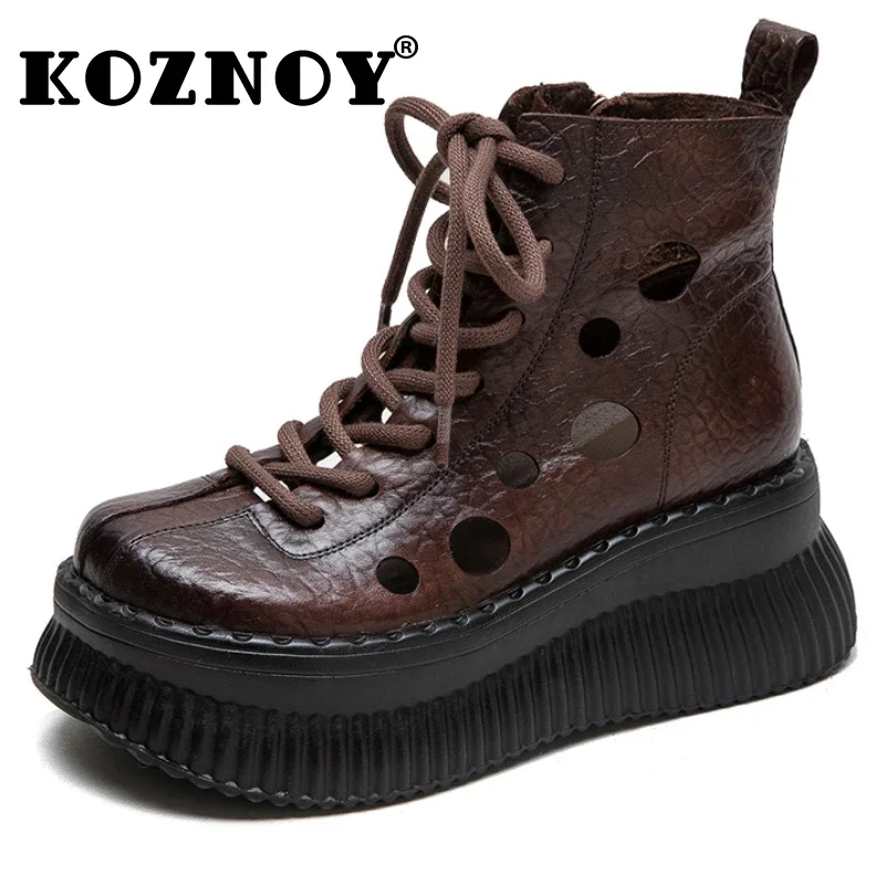 Koznoy 6cm New Boots Cow Genuine Leather ROME Comfy Sandals Summer Platform Wedge Fashion Hollow Breathable Ankle Booties Shoes