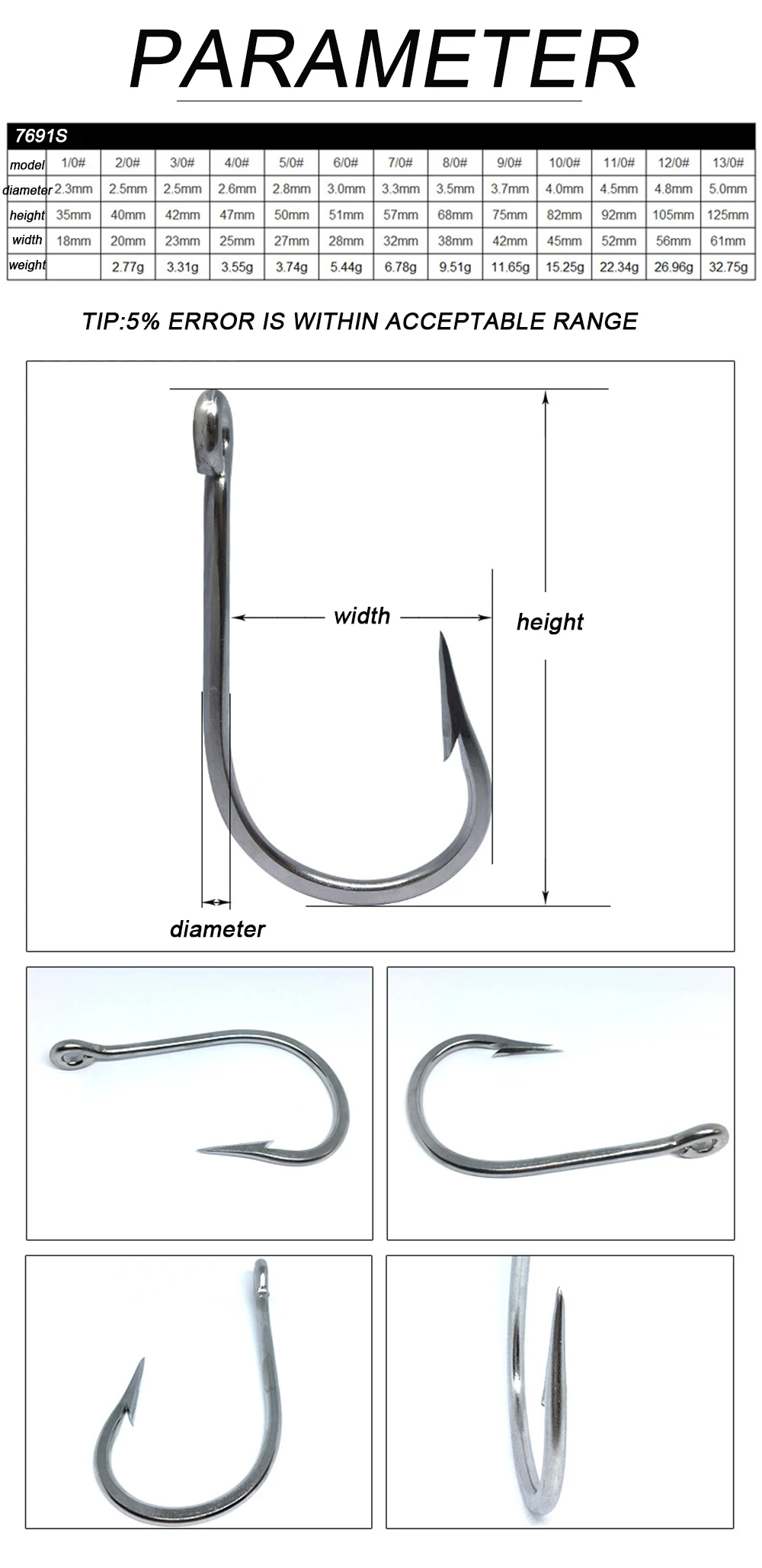 DORISEA 7691S Stainless Steel Heavy Duty Deep Sea Fishing Hook,2/0-13/0