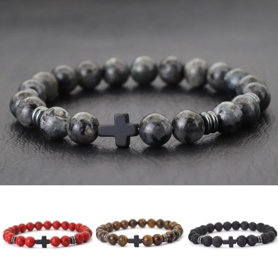 

Stylish Men Cross Bracelet Beaded 8mm Volcanic Rock Tiger Eyes Malachite Stone Strand Braslet Hombre Hematite Healing Pulsera