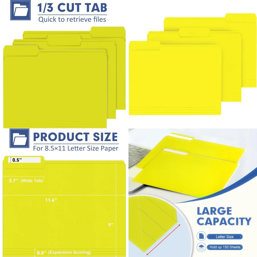 

Папка для файлов PANDRI, 120 упаковок, папка для файлов с 1/3 вырезанной вкладкой, папка для хранения файлов формата Letter для офиса, школы, бизнеса, желтого цвета