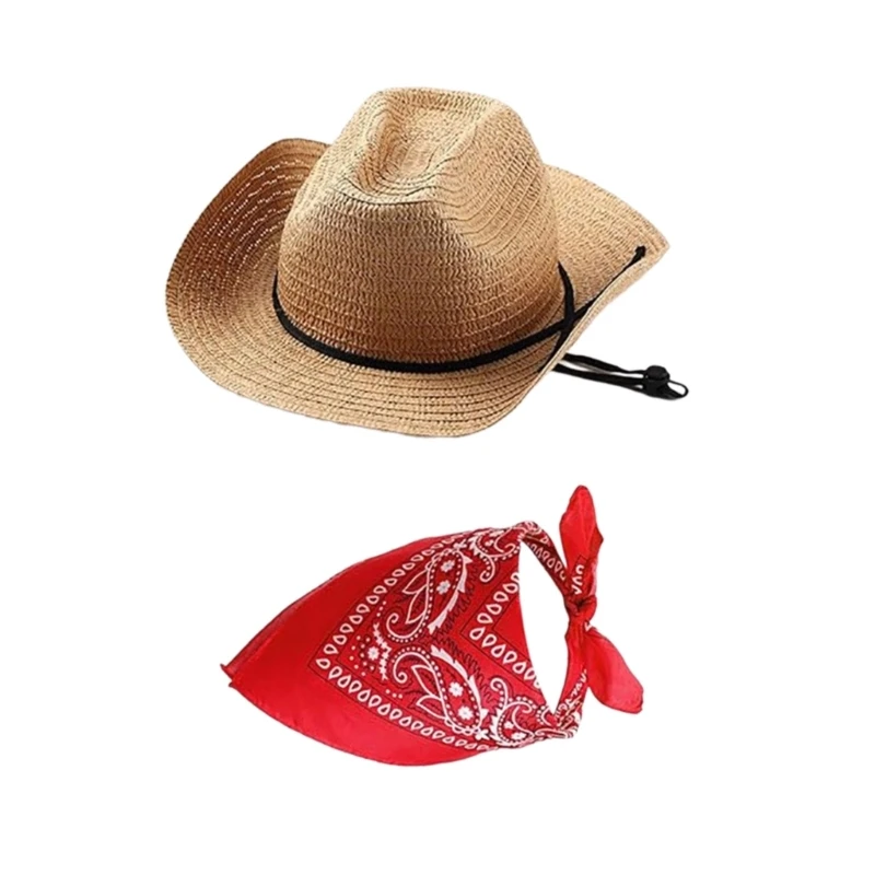 Fashion Panama Hat Bandanas Set Music Festival Cowgirl Straw Hat for Outdoors