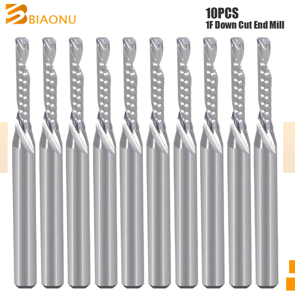 

Biaonu 10Pcs Down Cut CNC Milling Tools 3.175/4/5/6/8mm Single Flute Left spiral Milling Cutter Carbide End Mill CNC Router Bits