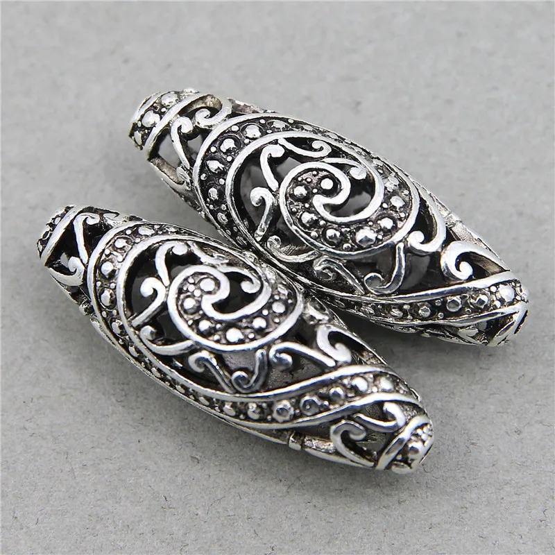 2pcs  Beads Zinc metal alloy Spacer Beads Oval silver color Flower Hollow Pattern About 37*13mm,Hole:Approx 1.9mm,