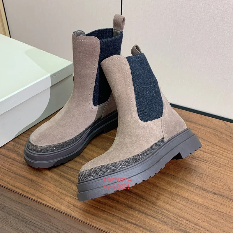 Sepatu Bot Wanita Musim Dingin Diskon Besar, Model Setengah Betis, Ujung Tebal, Kulit, Platform, Sepatu Bot Pendek, Desainer, Kasual, Model Chelsea