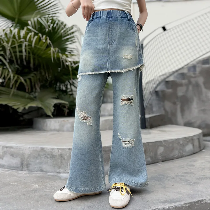 Girls' ripped hole jeans spring summer 2026 new teens children's fake two-piece ripped pants kids denim skirt pants