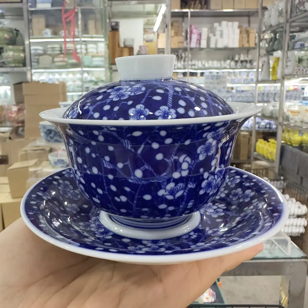 Porcelain Gaiwan Set Prunus Mume Three Pieces Tea Making Bowl Single Tea Ceremony Bowl Anti-Scald Hand-Held Cup Porcelain Gaiwan