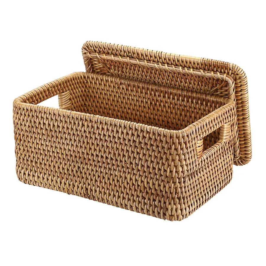 

Rattan Basket with Lid Rectangular Lidded Basket Natural HandWoven Wicker Storage Basket Bin for Shelf Organizing Picnic Food Br