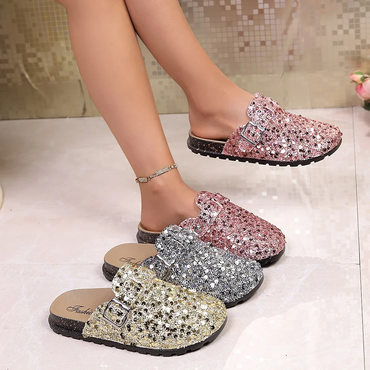 Summer New Women Cork Soled Round Head Baotou Glitter Fabric Rhinestone Buckle Half-Slippers Fashion Outdoor Non-slip Sandals