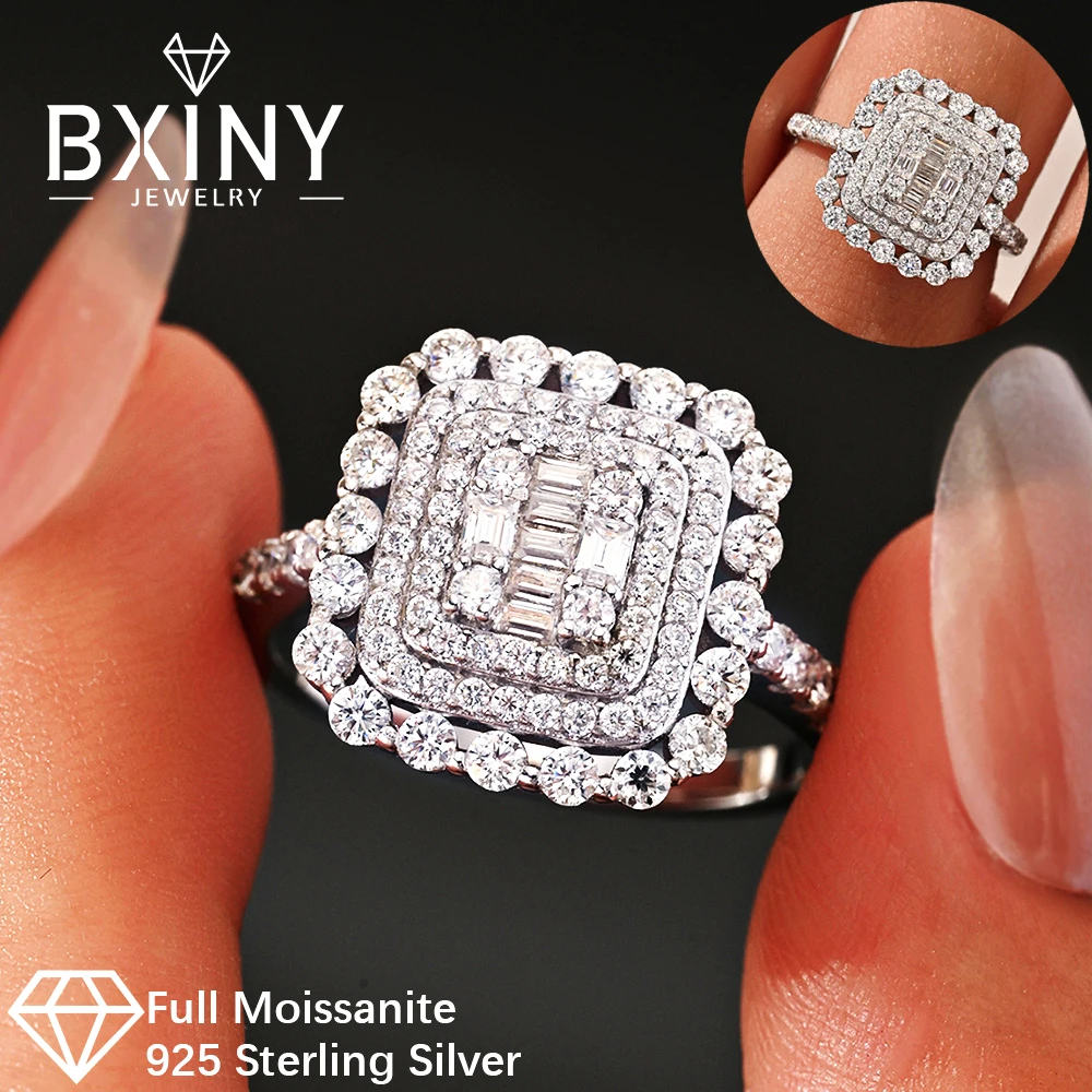 

BXINY Luxury All Moissanite Ring 925 Sterling Silver for Women Round&Emerald Cut Diamond Wedding Band Gift Fine Jewelry with GRA