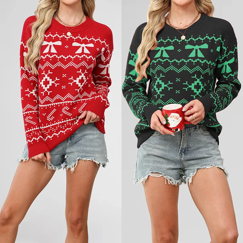 

2025 Autumn Winter European American Christmas Women's O-neck Long Sleeve Casual Trendy Loose Knitted Pullover Sweaters Female