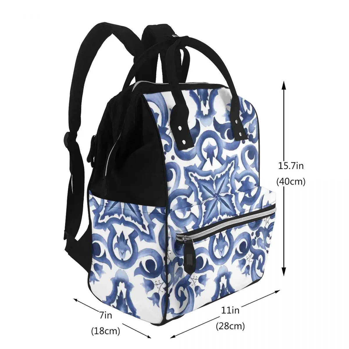 Blue Ornate Floral Mediterranean Sicilian Tile Student Backpack School BagDaypack for Men Women Bookbag Shoulder Bags