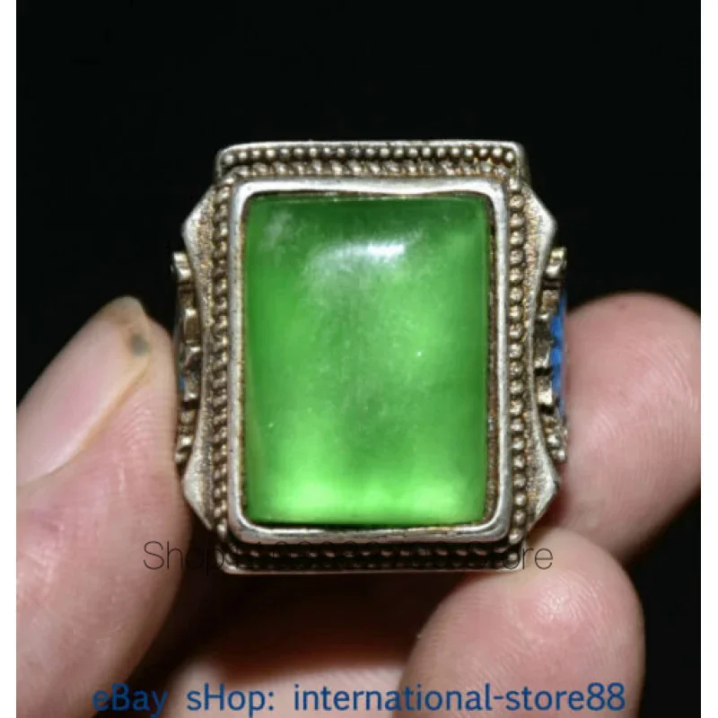 

1.4 Inch Old-Fashioned Chinese Enamel Silver Inlaid Green Jade Gem Dynasty Flower Ring