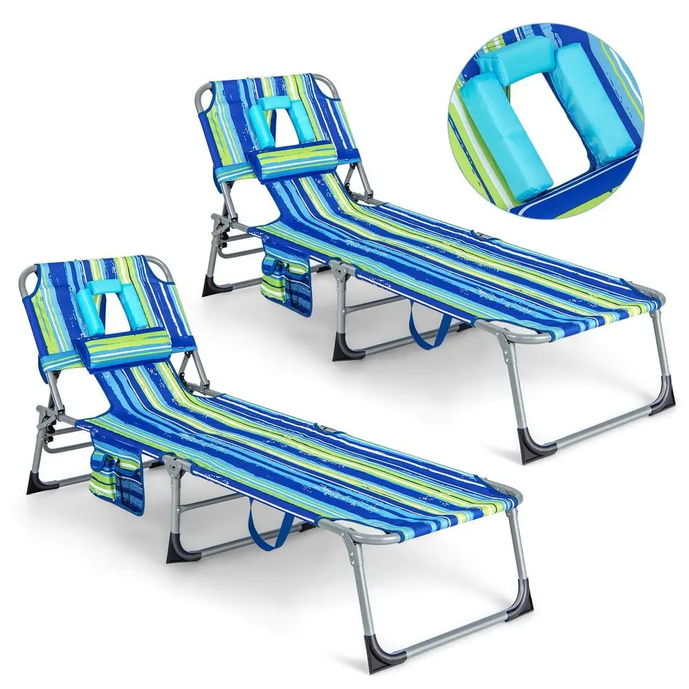 Folding Beach Lounge Chair Tanning Chair with Face Arm Hole Adjustable Backrest Removable Pillow Side Pocket Lightweight Durable