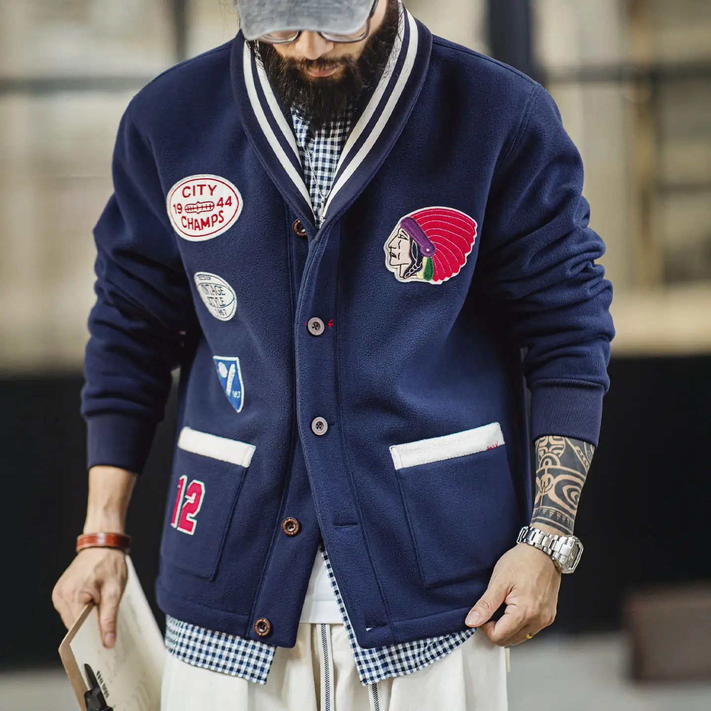 

Maden Men's Short Baseball Jacket Fleece Warmth Vintage American Style Open Cardigan Style Autumn Winter Fashion Casual Wear