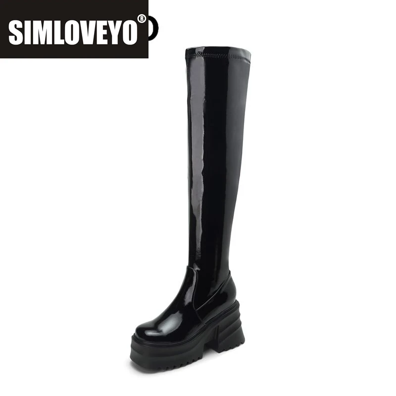 

SIMLOVEYO New Patent Leather Women Thigh High Boots Chunky Heel 9cm Double Platform Zipper Plus Size 41 42 43 Sexy Party Booties