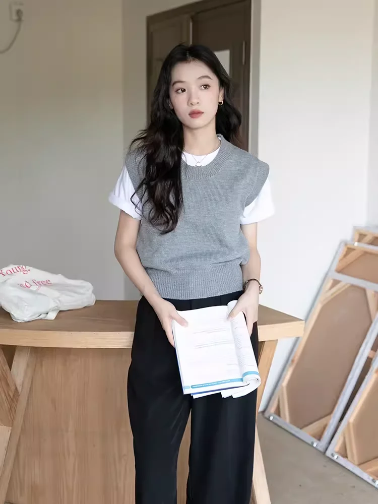 2025年春秋新作 Sle 00 純毛ニットベスト レディース ラウンドネック シンプル重ね着 多用途 肩出しベスト