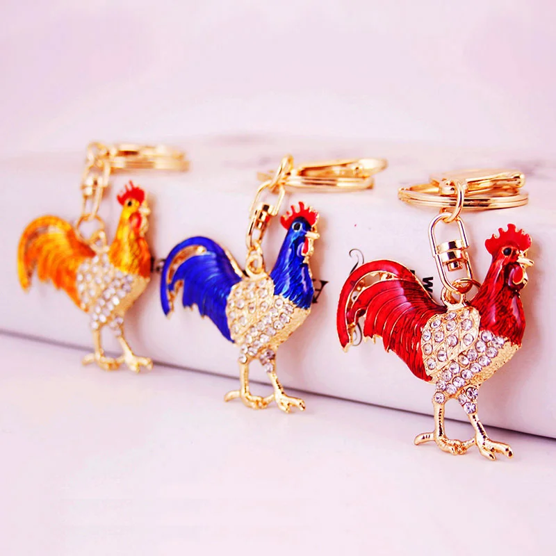 Colorful Rhinestone Rooster Chicken Keychains Luxury Metal Chinese Zodiac Chicken Key Chains Handbag Pendant Jewelry Accessories