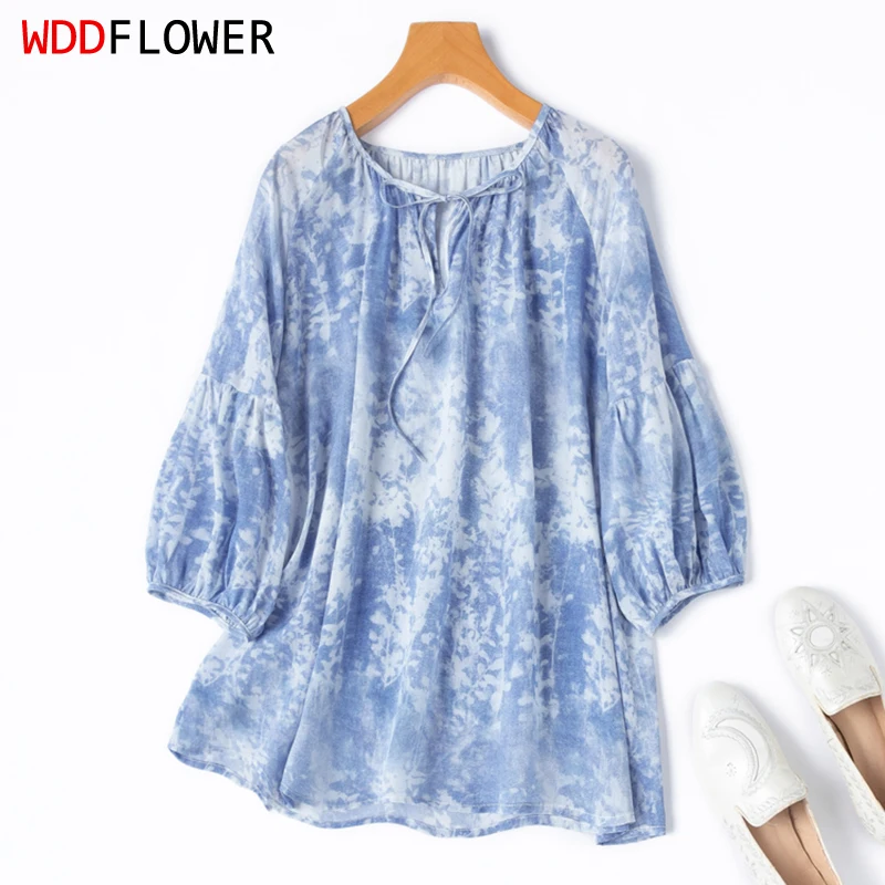 

100% Mulberry Silk Crepe Silk Women Blouse Blue Dyed Printed Bow-tied O Neck 3/4 Lartern Sleeve Top Shirt M1260
