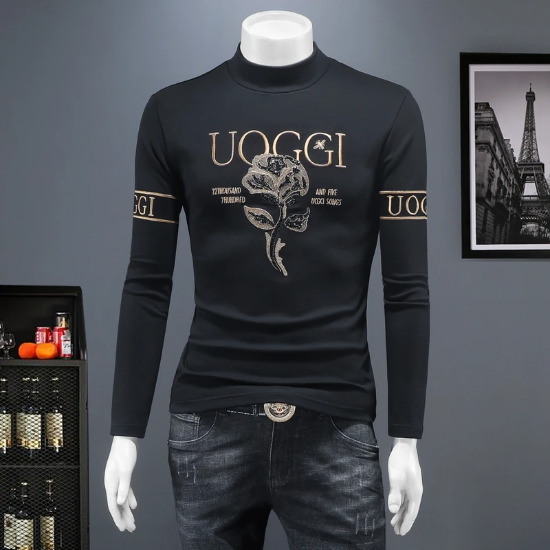 Camiseta Casual de Manga Longa para Homens com Estampa Bordada, Suéter de Gola Alta Versátil e Leve, Camisa Base Luxuosa