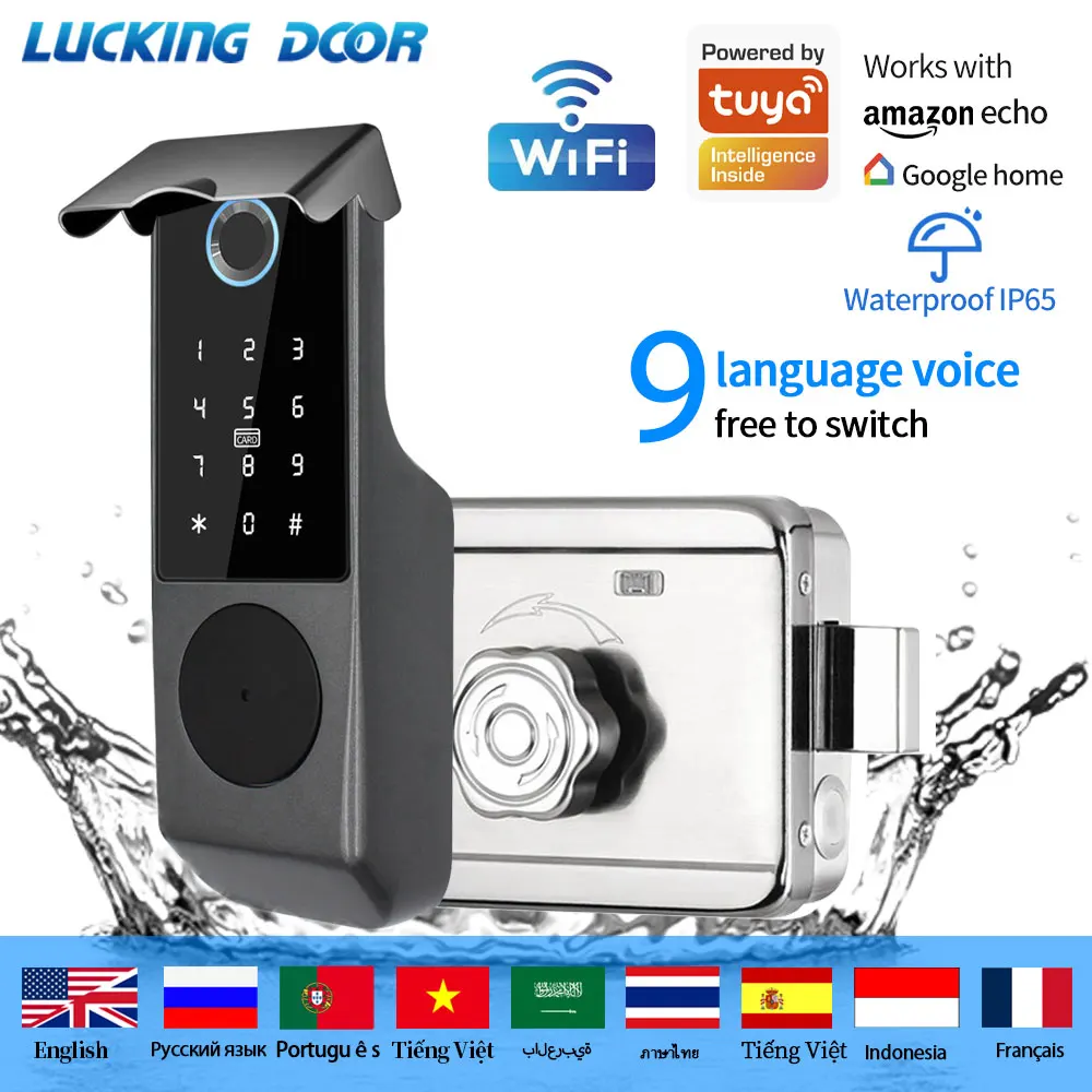 Tuya Wifi App Bediening Slimme Vingerafdruk Rfid Kaart Buitendeur Intelligent Slot Keyless Motor Velg Lock Google Alexa Waterdicht