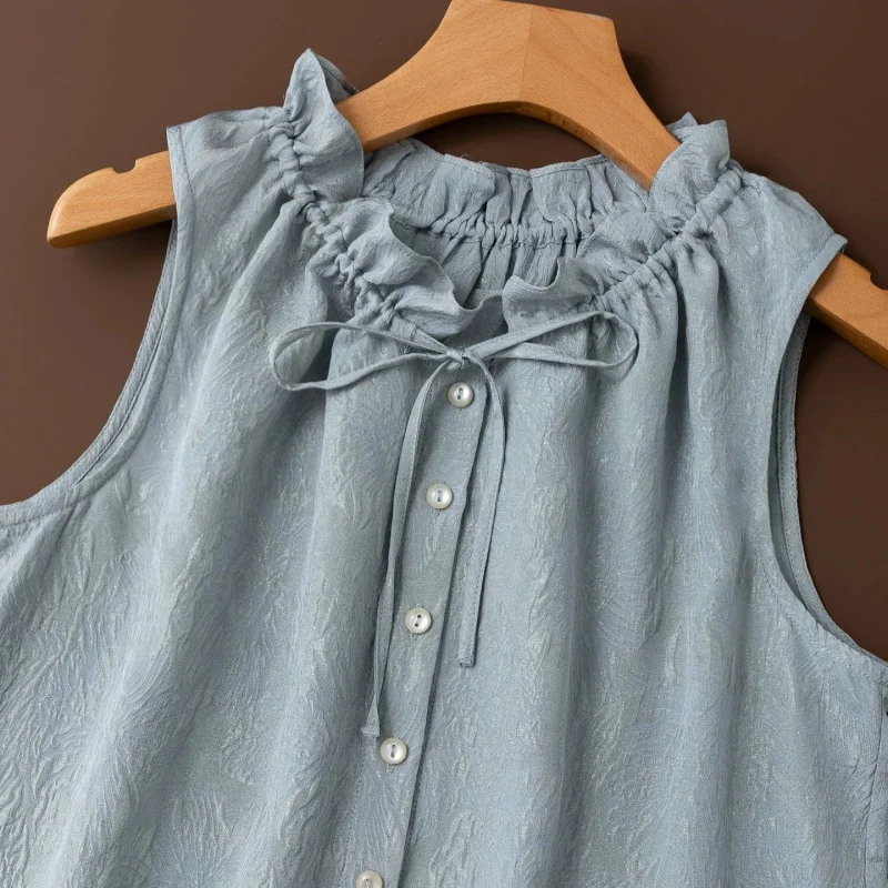 Birdtree, 20MM 100% Real Silk Tank Top, Sleeveless Ruffle Neck Vest, Women Guangle Crepe Jacquard Tops, 2026 Summer New T67320JF